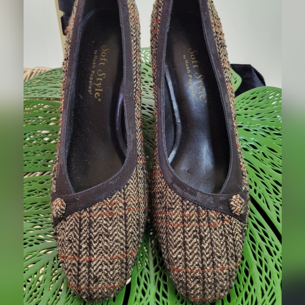 Soft Style Tweed Herringbone Heels Brown Plaid Pump Classic Retro Chic 👠✨ - Picture 4 of 16